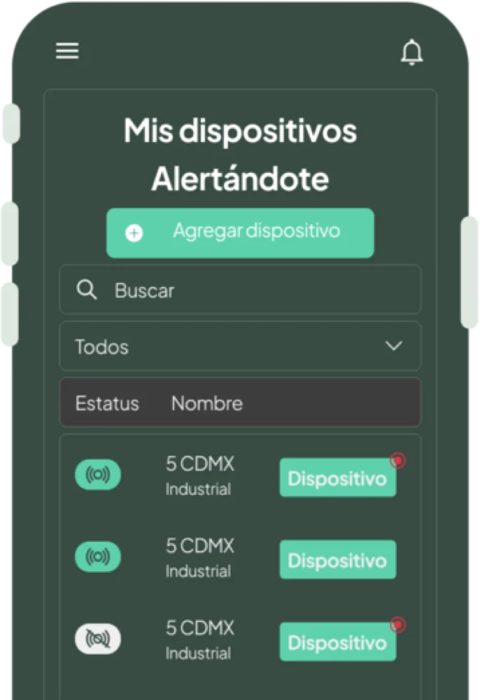 Interfaz de la aplicación móvil de Alertándote mostrando el panel de control del equipo